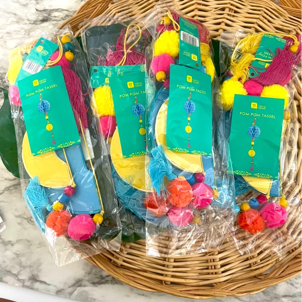 Talking Tables Pom Pom yarn Tassels beads decor set of 4 NWT for car, home, etc.
